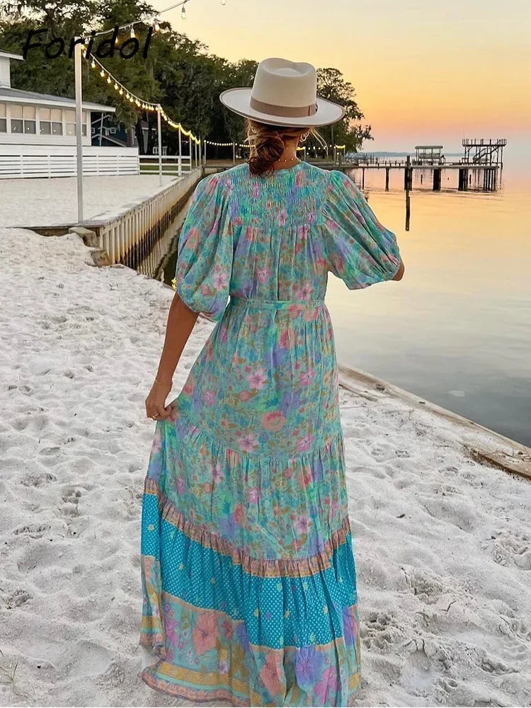 Foridol Single Breasted Bohemian Holiday Summer Women Dress Belt Casual Loose Maxi Floral Dress Short Sleeve Long Viscose Dress