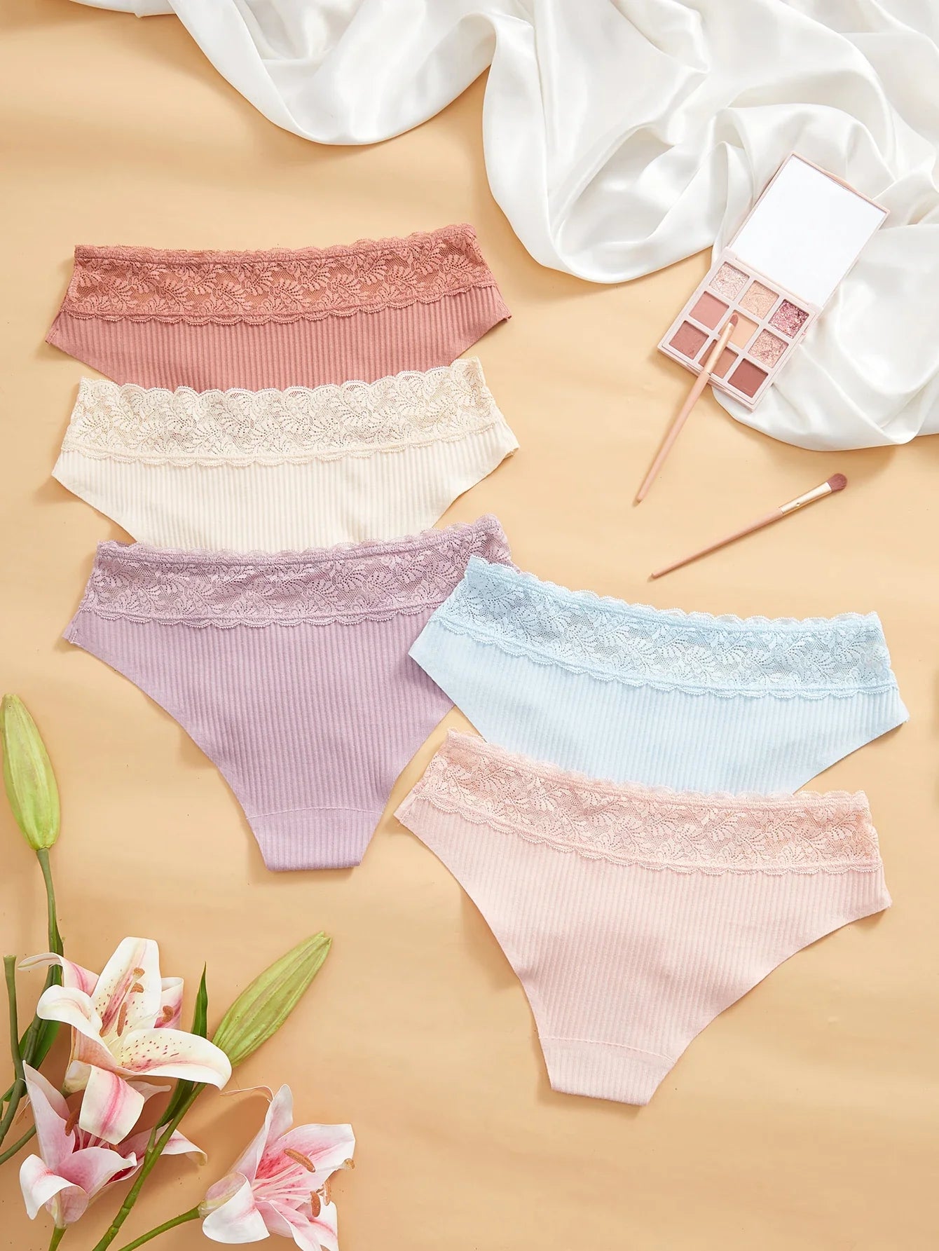 5-Pack Women's Panties Floral Lace Patchwork Ribbed Solid Briefs Breathable Soft Lingerie