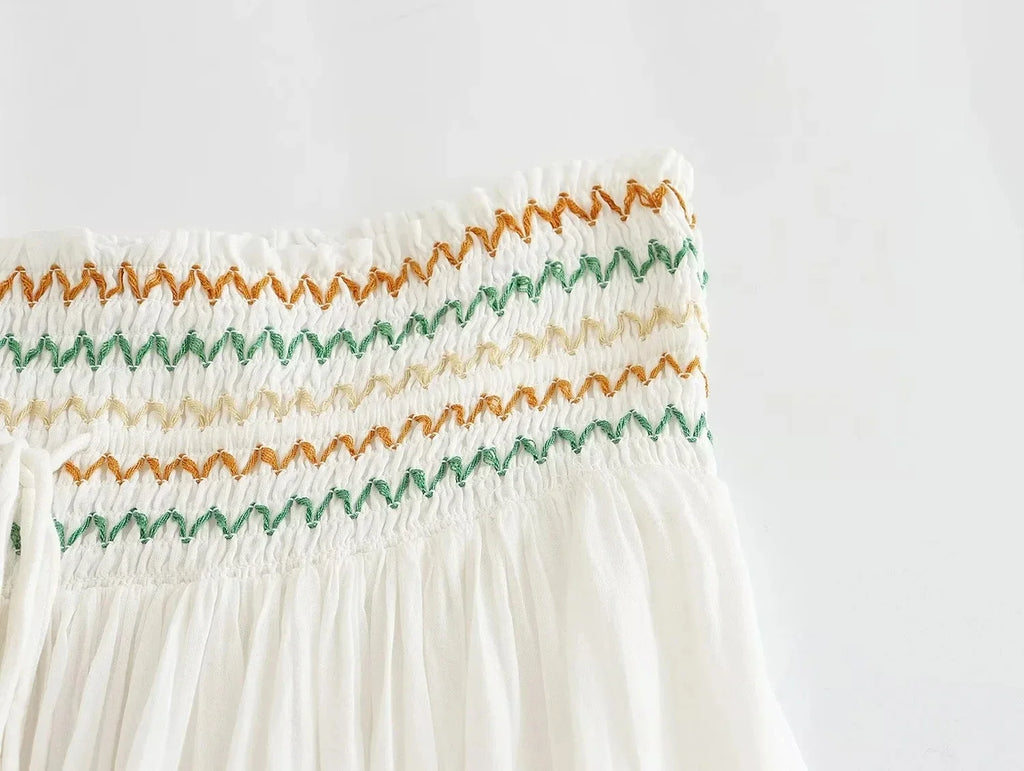 Foridol Marine Organism Embroidery Batwing Sleeve Summer Spring Maxi Skirt Set Cotton White Tassle Dress Set Outfits Button Suit