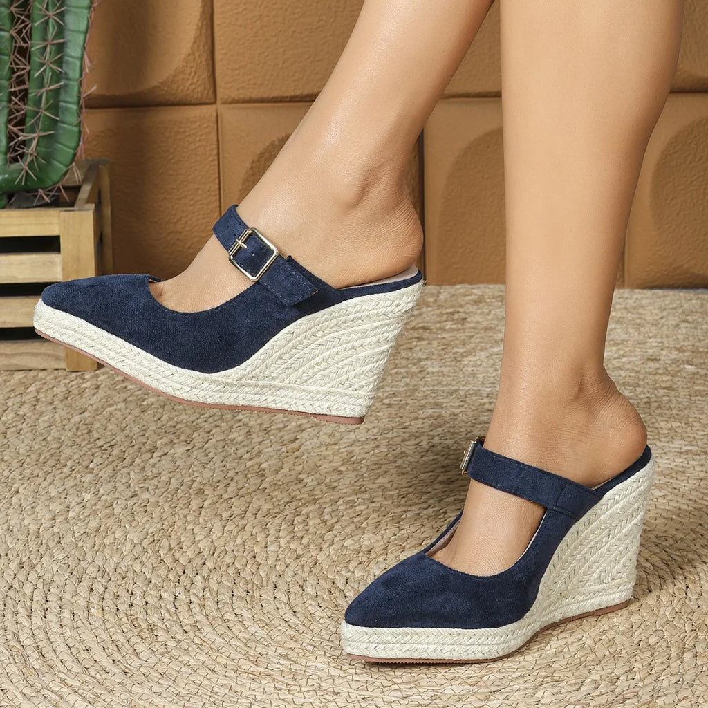 2025 Women's Sandals Spring Pointed Toe Wedge Heel Shoes Thick Soled High Heel Hollow Women's Shoes Straw Hemp