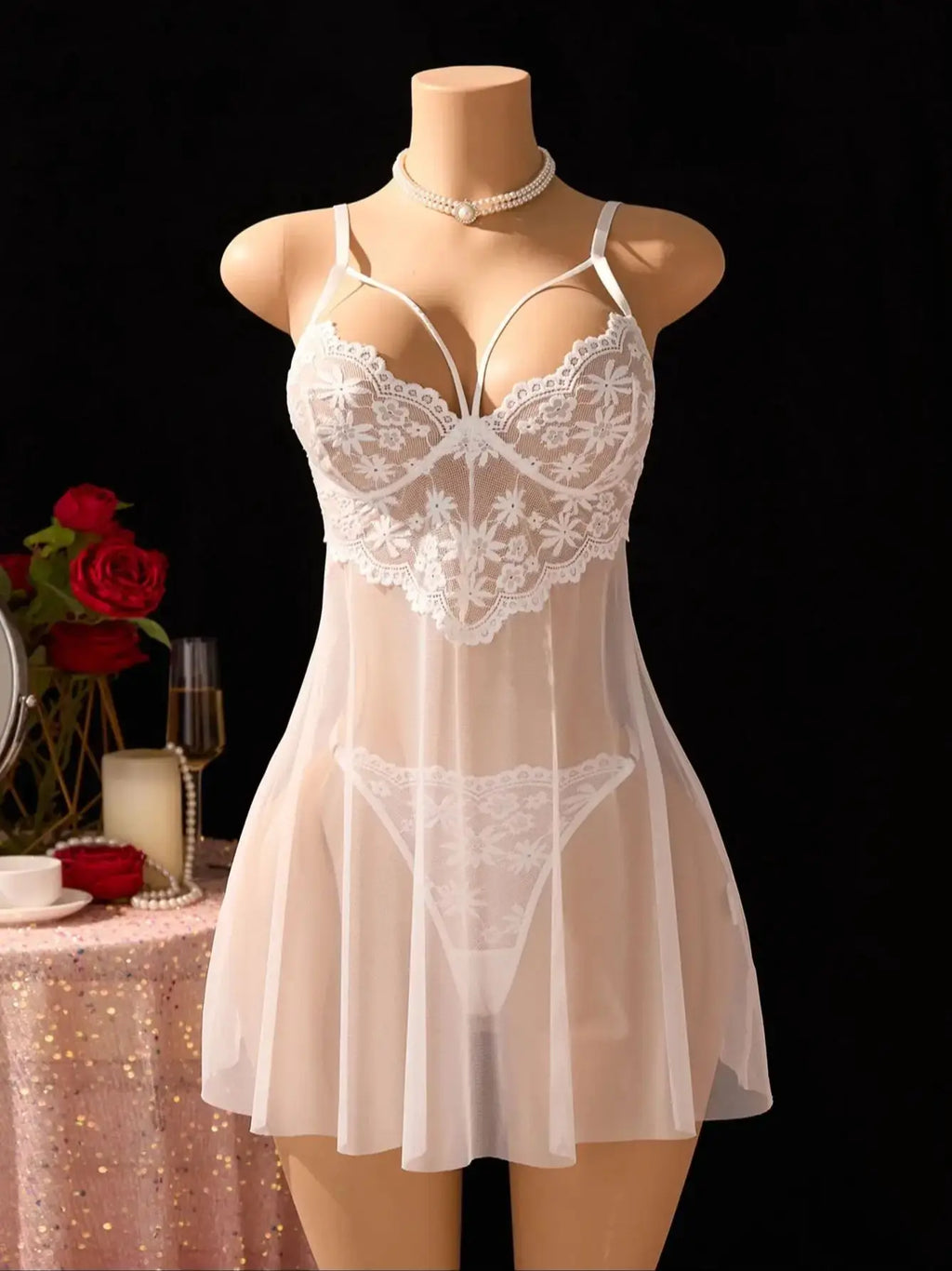 White Daisy Floral Lace Sheer Mesh Babydoll Lingerie Set Slip Nightdress With Matching Thong Women Sexy Sleepwear ZA825096