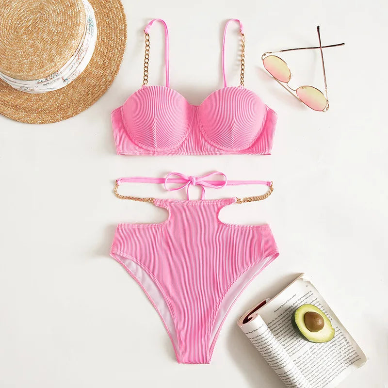Sexy Push Up Underwire One Piece Swimsuit Women Solid Pink Metal Chain Hollow Out Ribbed Bathing Suit Backless Swimwear Monokini