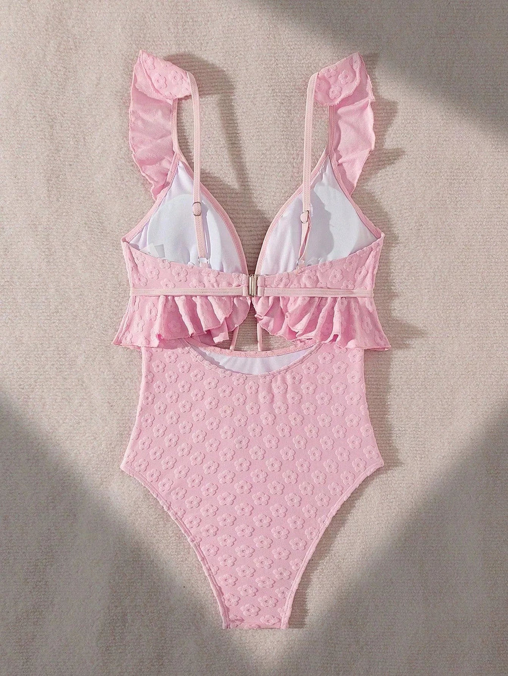 DEKA Girl Light Pink One Piece Swimsuit for Women High Waist Hollow Out Ruffle Suspender Backless Monokini Bikini Beach Swimwear