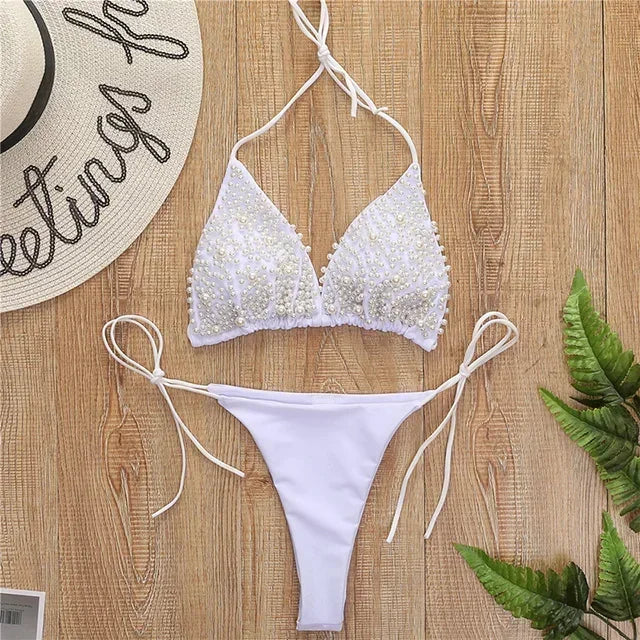 Halter Luxury Pearl Bikini Mini Micro Bikinis Female Swimsuit Women Swimwear Two-pieces Bikini Set Bather Bathing Suit Swim Lady