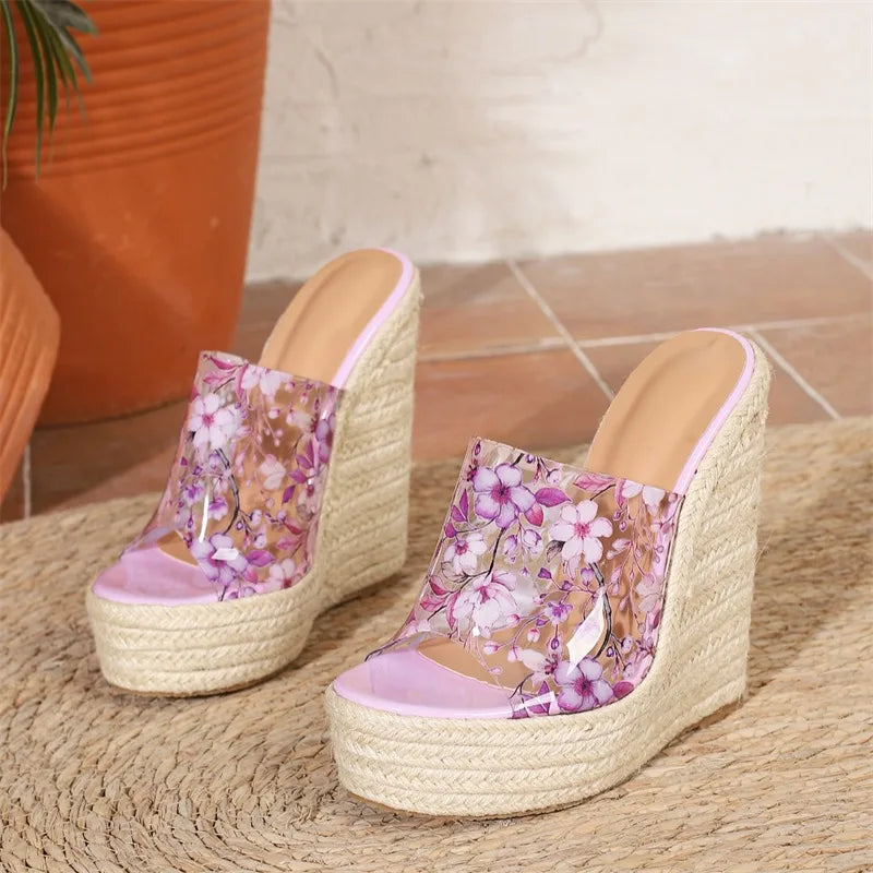 Flower PVC Transparent Open Toe Platform Wedges Women Slippers Fashion Twine Weave High Heels Banquet Slide Shoes