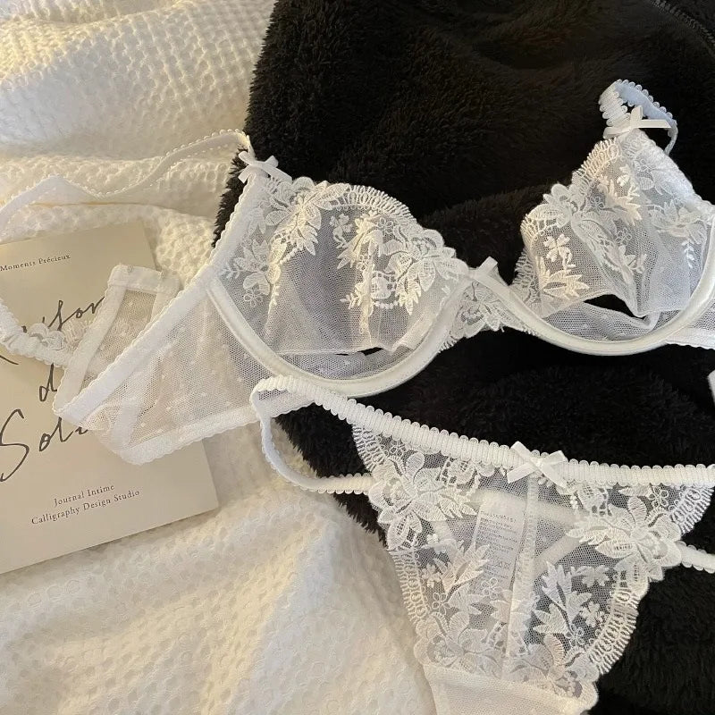 MOYISU Parisian Lace Half Cup Bra Set - Ultra-Thin Underwire Summer Lingerie with Sheer Cutouts & No Sponge Sexy French Desire