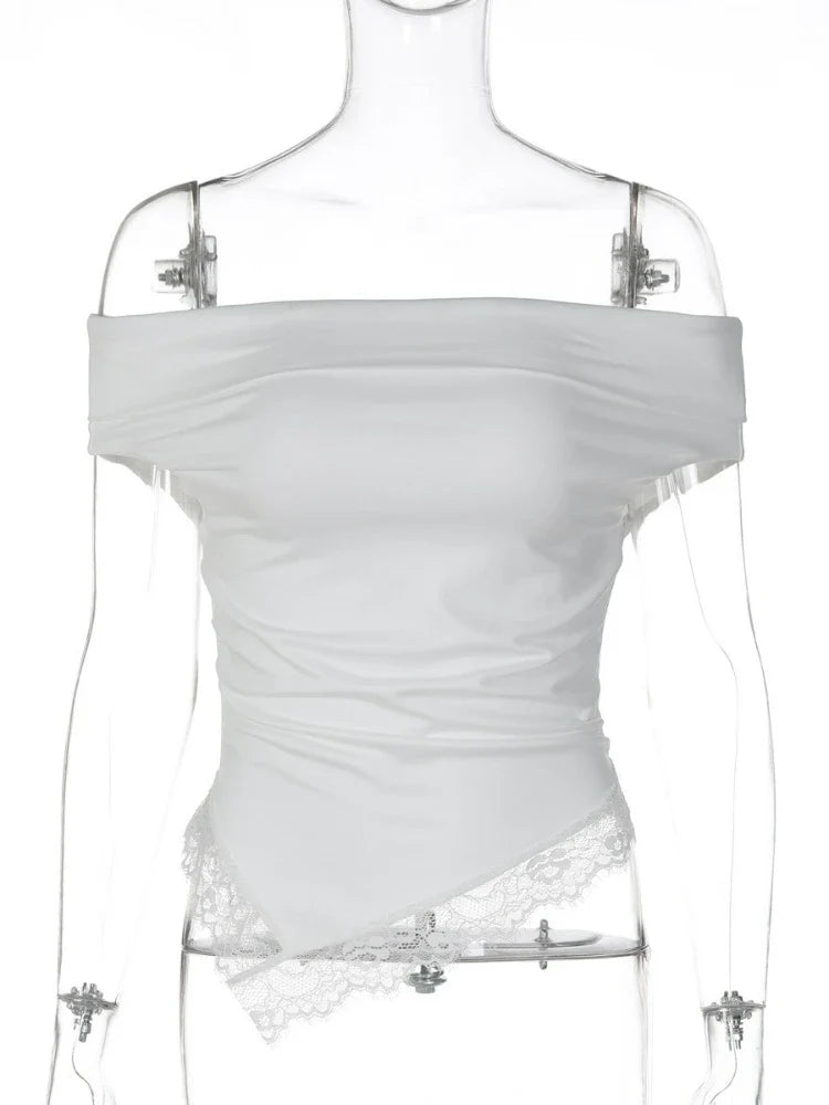 FDYOUI Woman Clothing Slash Neck T-shirts 2026 Summer Sleeveless Lace Patchwork White T Shirt Y2K Girls Irregular Corset Tee Top