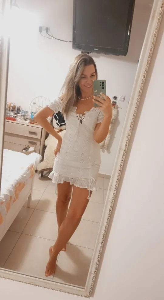 Lace up embriodery white summer dress women hollow out beach short dress puff sleeve ruffle ruched bodycon mini dress vestidos