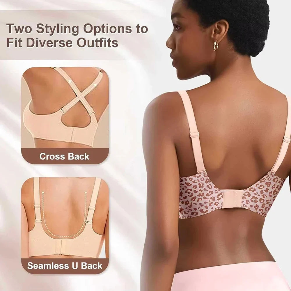 Pink Leopard Deep V Jelly Bras Wireless Comfortable Bra Supportive No Underwire Bras Tshirt Push Up Bralette Plunge Seamless Bra