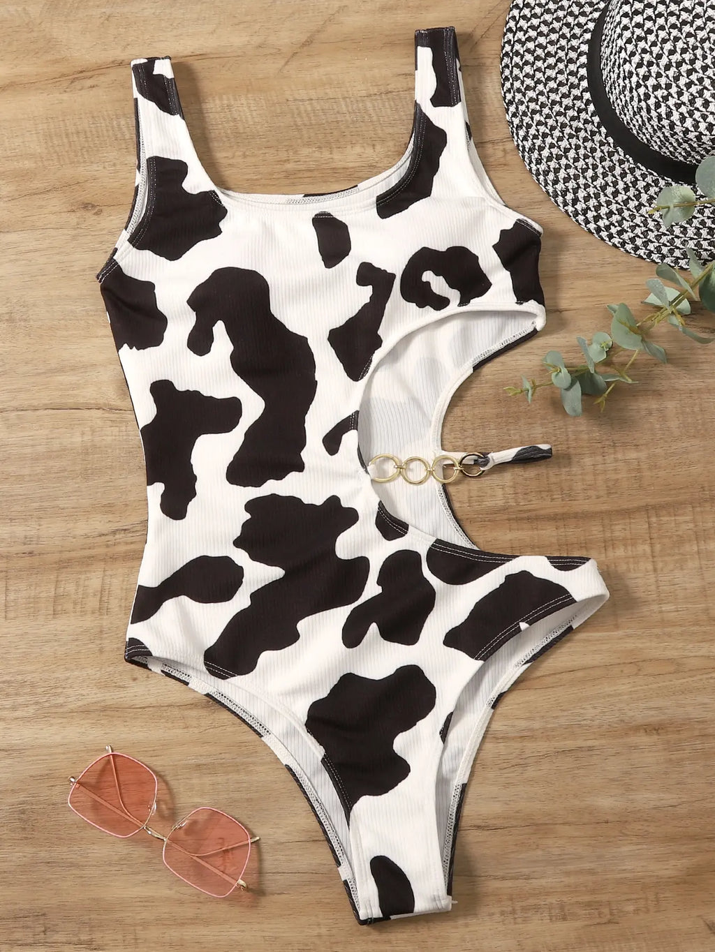 2026 Cow Print Rib Cut-out One Piece Swimsuit Ring Link Swimwear Women Bathing Suit Female Swimming Summer Beachwear Bodysuit