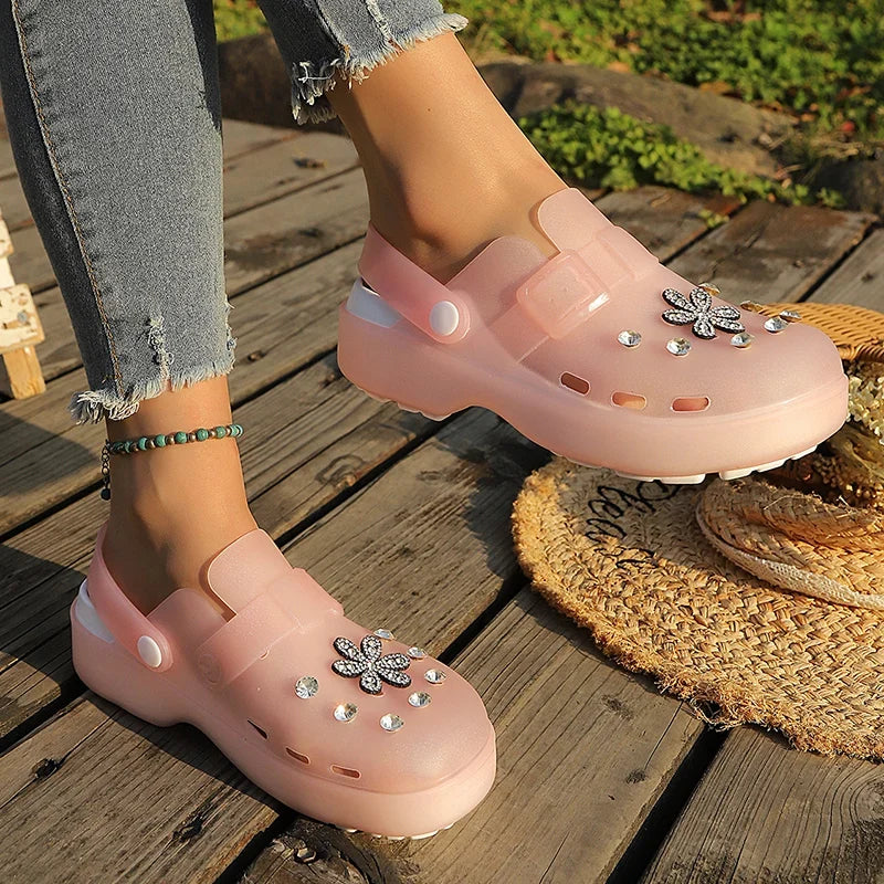 Luxury Rhinestone Pink Platform Clogs Shoes Women Crystal Flowers Hollow Out Sandals Woman Anti Slip Thick Bottom Beach Sandles