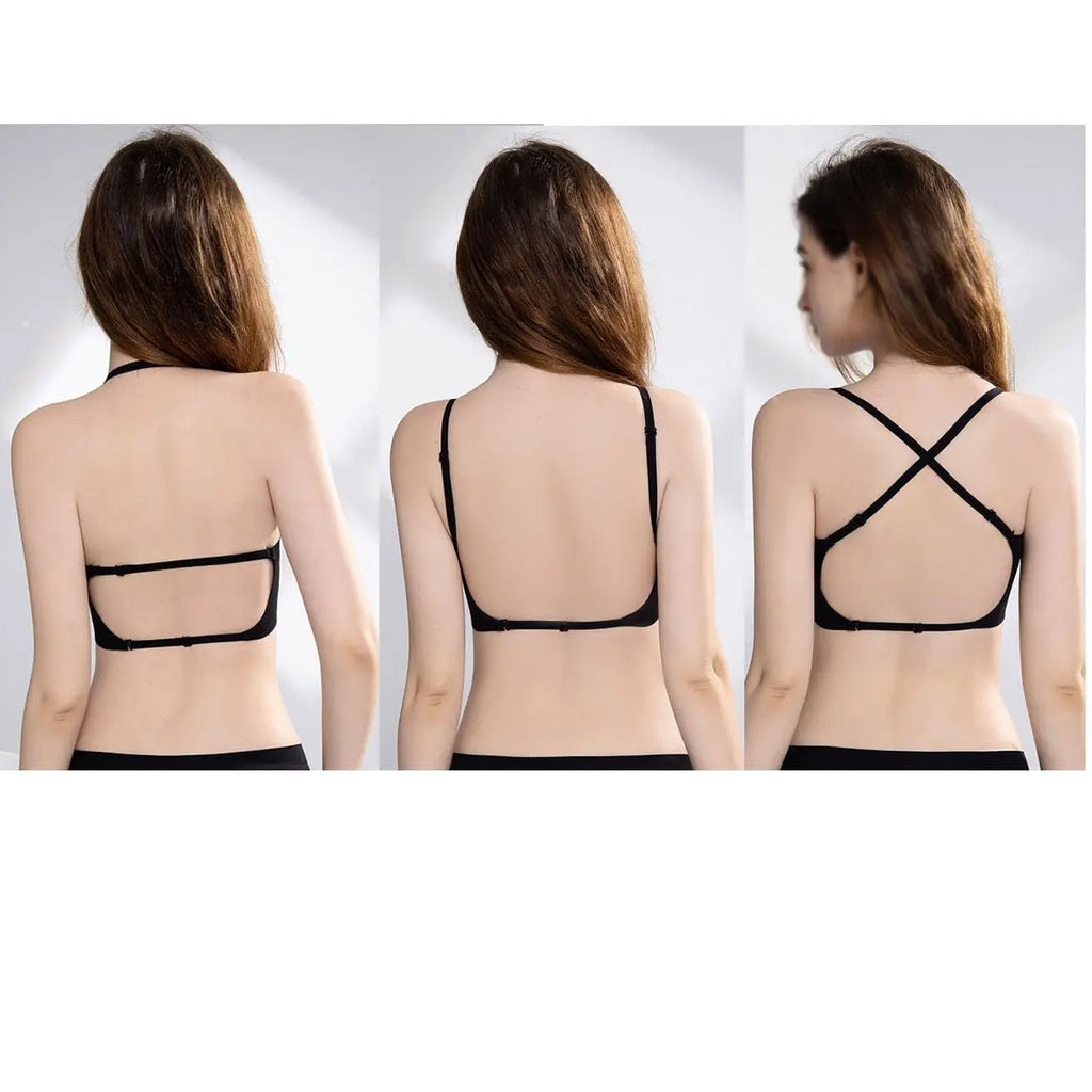 Women Sexy Lingerie Invisible Bra Deep U Plunge Bras Backless Top for Dresses, Transparent Strap Push Up Back Sling Underwear