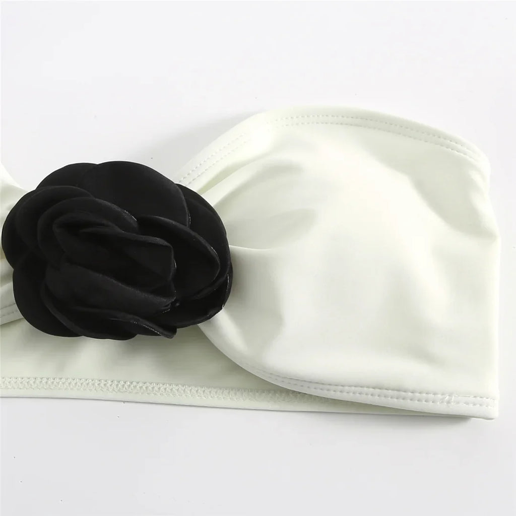 Sexy 3D Flowers Bandeau With Skirt Bikini Female Swimsuit Women Swimwear Three-Pieces Bikini Set Bather Bathing Suit Swim V5706