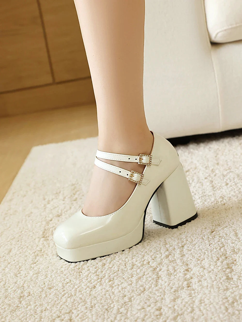 Women Silver Metallic Platform Mary Jane Shoes Double Rhinestone Buckle Chunky Block High Heels Y2K Vintage Square Toe Pumps