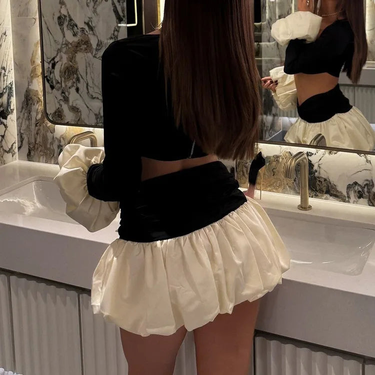FDYOUI Sexy Flare Sleeve Super-short Zipper Tops+Pleated Skirts 2 Piece Set Women Patchwork Black Ball Gown Evening Party Dress