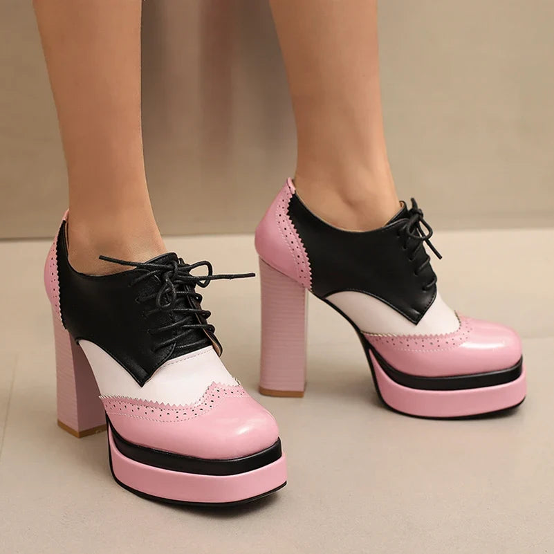 Bright Patent Leather Patchwork White PU Lace Up High Heels with Breathable Lining, Wavy and Serrated Patterns, Sweet Pumps