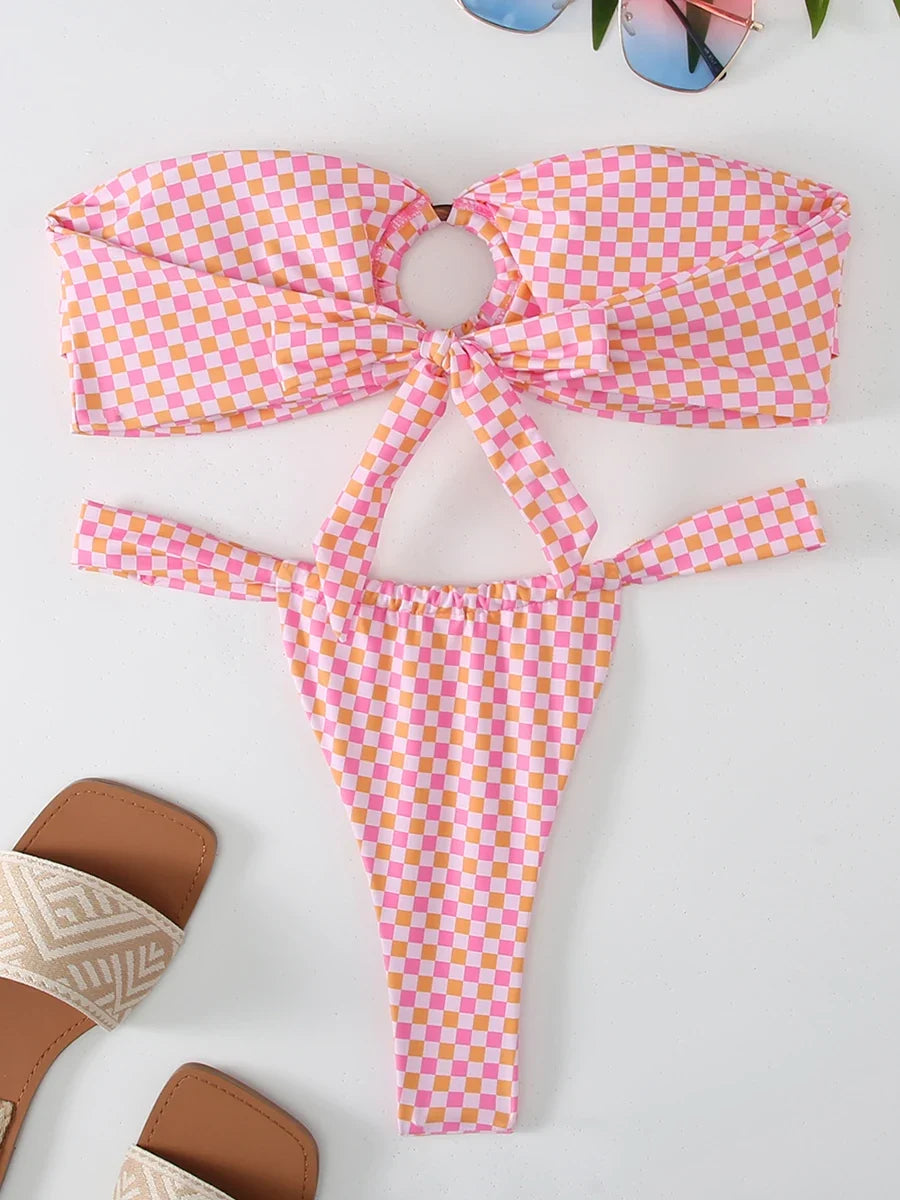 Ring Link Bandeau Bikini 2026 Floral Strappy Swimsuit Women Padded Swimwear Female Bathers Bathing Swimming Swim Suit Beachwear