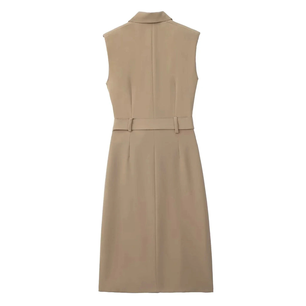 Foridol Khaki Double Breasted Sleeveless Office Windbreaker Style Dress Turn Down Collar Lady Elegenta Vintage Belt New Vestidos