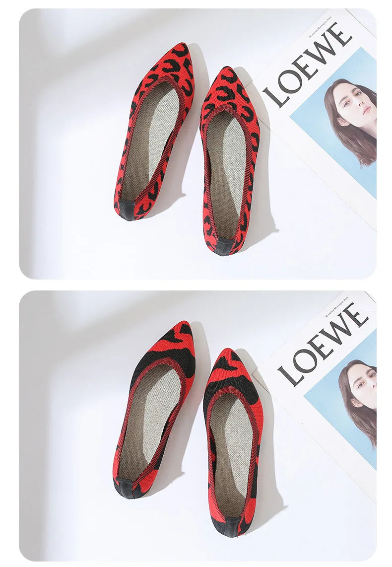 Elegant Leopard Knitted Ballet Flats Woman Pointed Toe Mesh Moccasins Ladies Fashion Walking Loafers Slip-on Soft Driving Shoes
