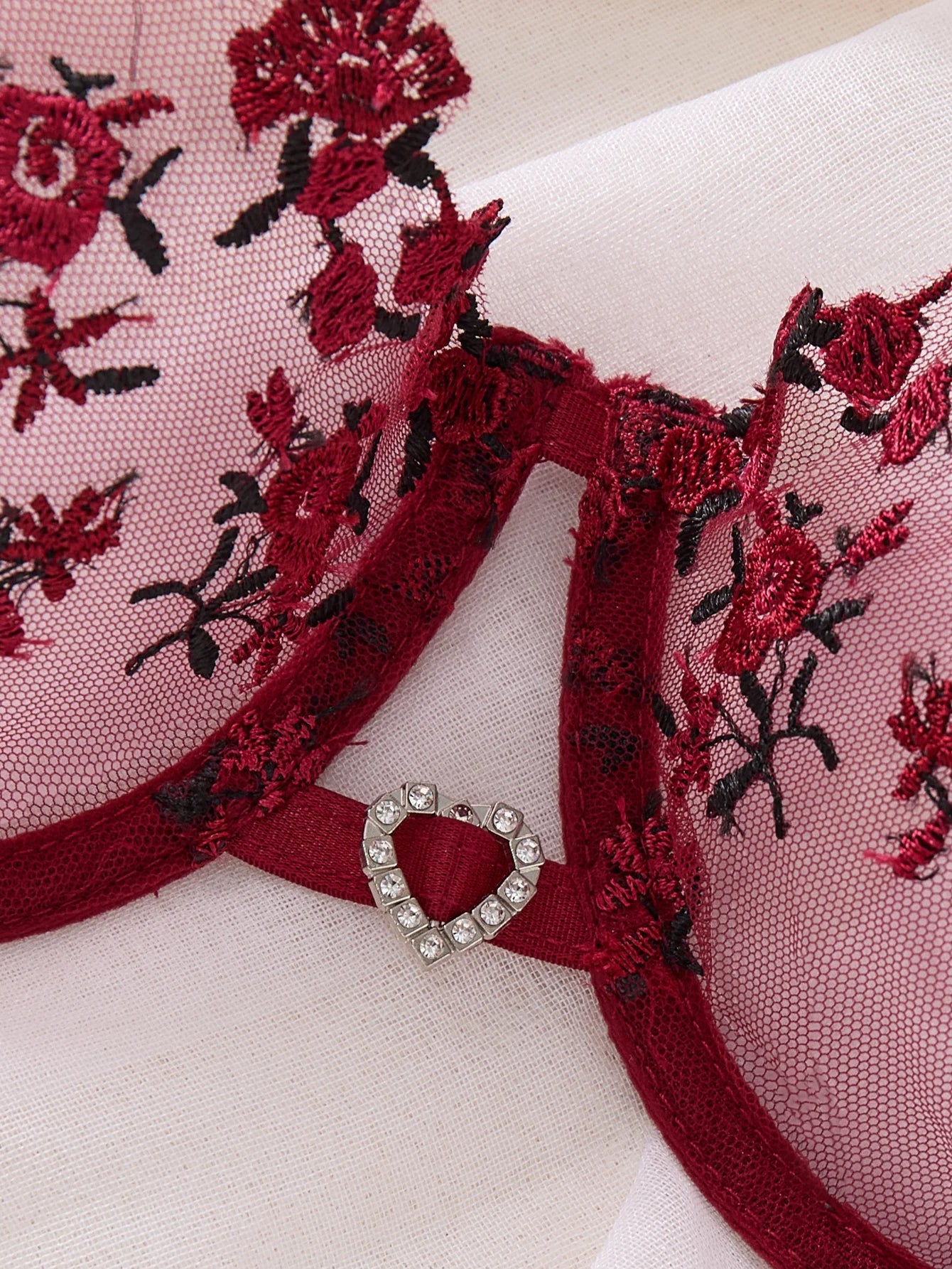 Romantic wine red rose embroidery lingerie set - see-through netting bra - casual erotic women's lingerie ZA824026