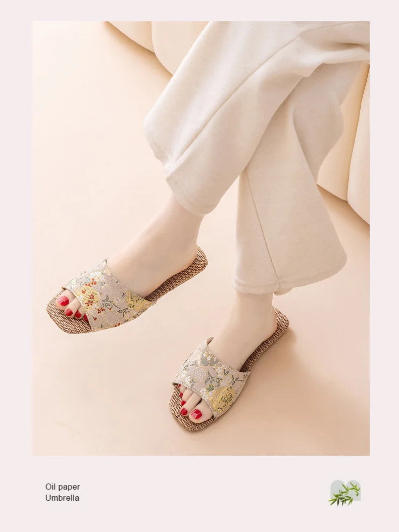 Breathable Indoor Linen Slippers For Women Men Home Floor Shoes Chinese Style Emrobidery Anti-slip Couples House Bedroom Slides