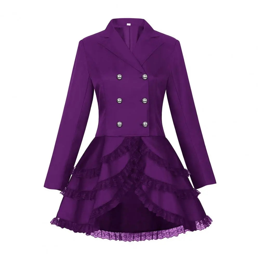 Women Double Breasted Victorian Steampunk Blazer Coat Gothic Tuxedo Tailcoat Jacket with Lace Hem Halloween Uniform Costume