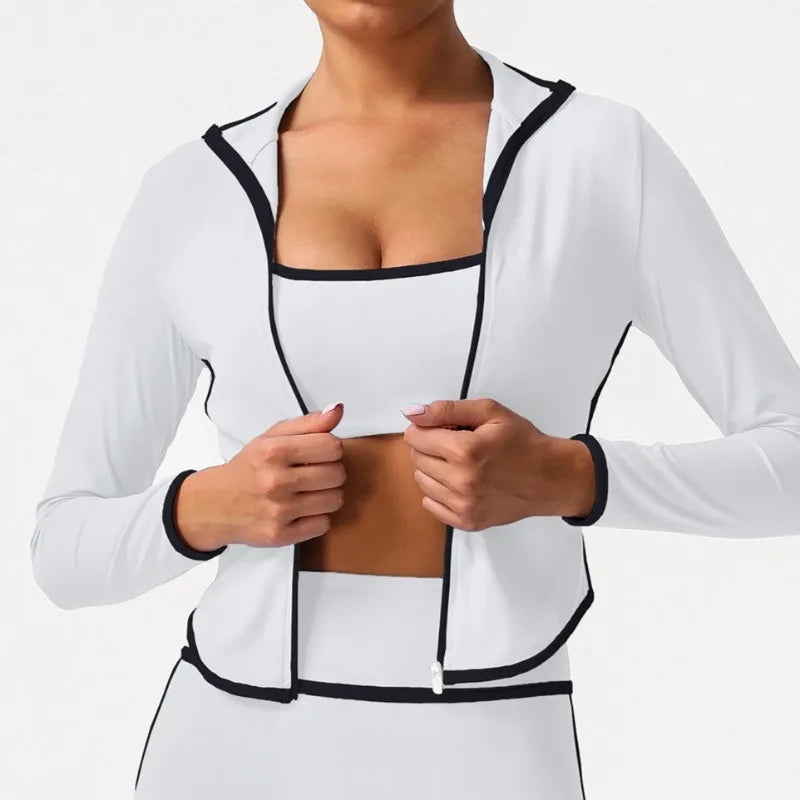 Women's Yoga Top Color-Block Zipper Stand Collar Bare Jacket Autumn Winter Outerwear Running Fitness Long Sleeve Coat