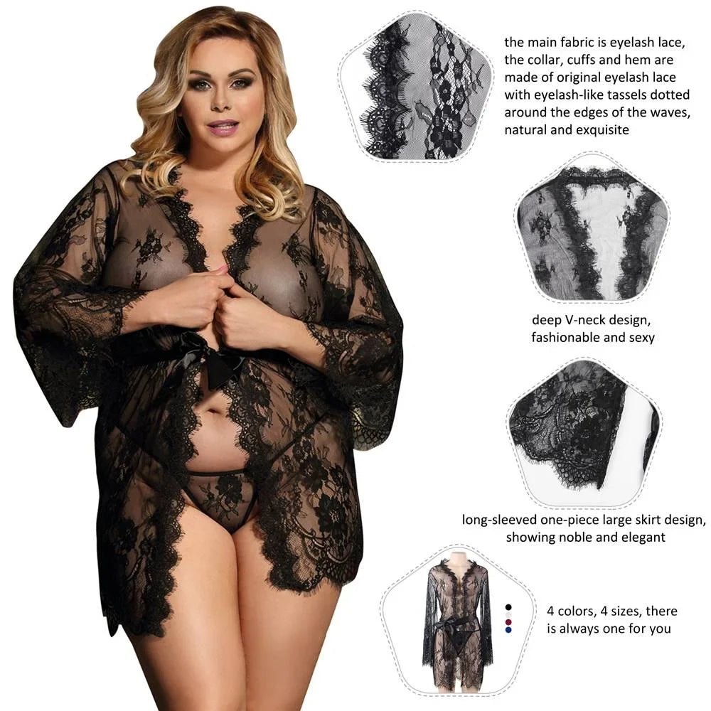 5xl 6xl Blue Kimono Femme Lace Robe Transparent Dress Plus Size Clothing Sexy Peignoirs For Women Nightie Long Sleeve Nightgowns