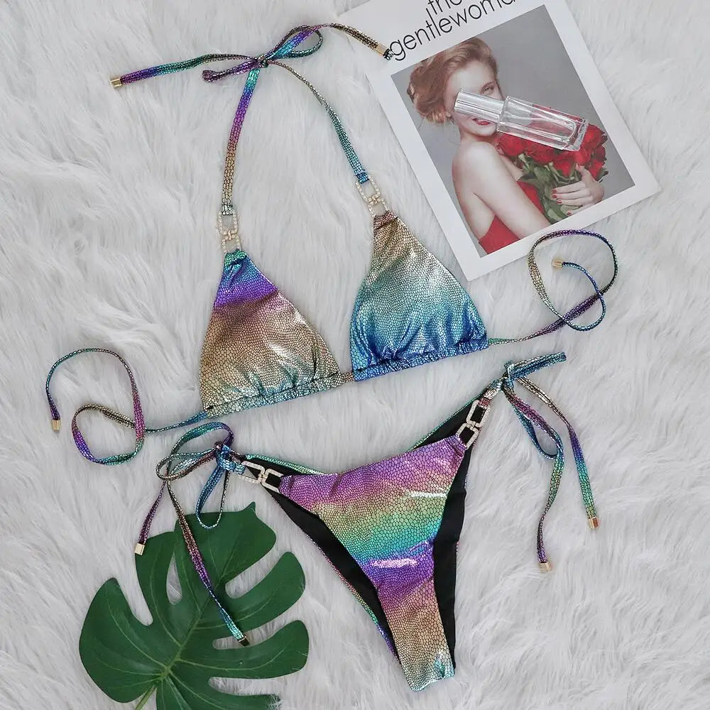 DEKA Micro Swimwear Gradient Snake Skin Bikini Set Diamond Bikini Female Triangle Swimsuit Women Two-pieces Bathing Suit