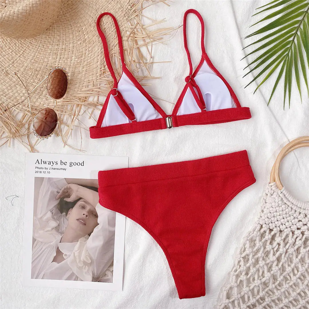 S - XL Sexy Female Swimsuit High Waist Bikini Women Swimwear Two-Pieces Bikini Set Ribbed Bather Bathing Suit Swim V2328