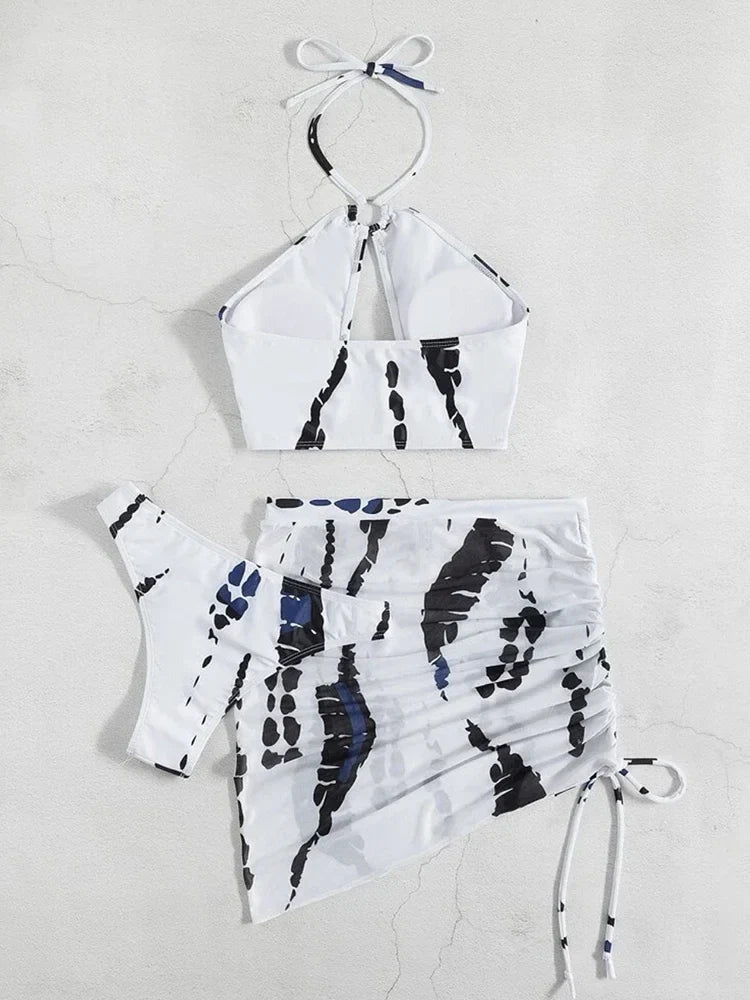 3PCS With Mesh Skirt Halter Bikini Female Swimsuit Women Swimwear Three-pieces Bikini Set Hollow Out Bathing Suit Swim Beachwear
