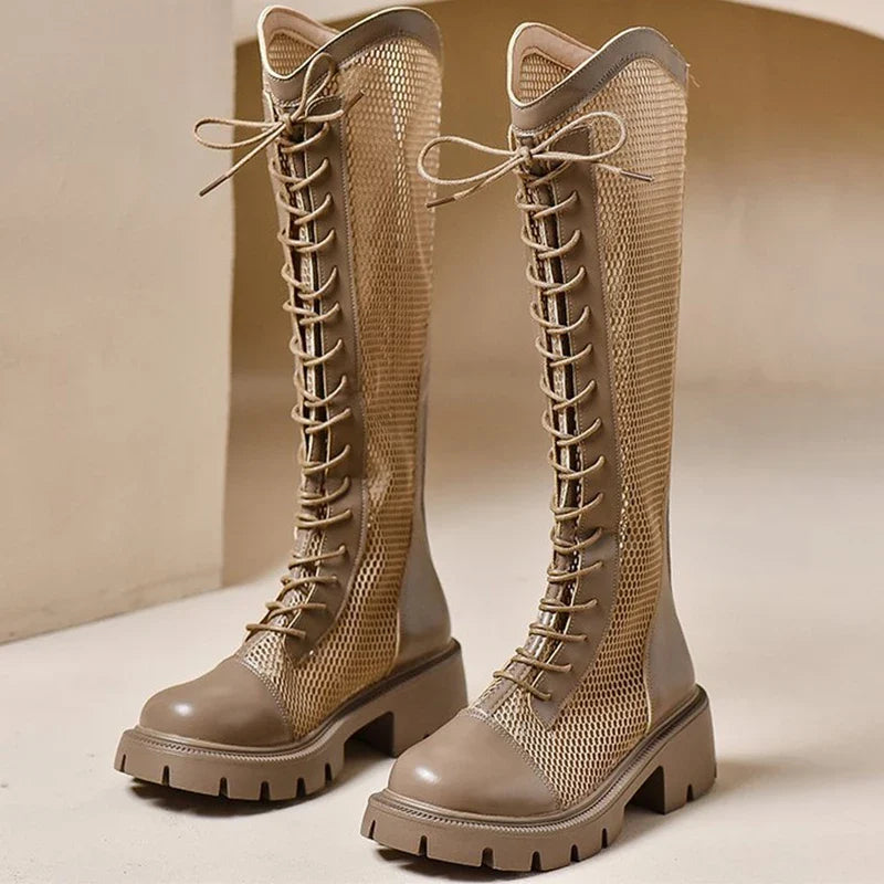 Fashion Breathable Mesh Boots for Woman Summer Solid Zipper Mid-Calf for Women Round Toe Lace Up High Heels Shoes Ladies