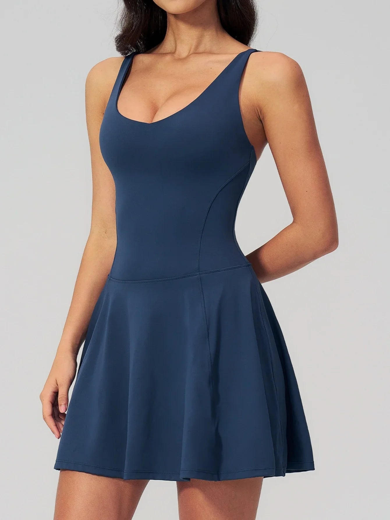 Bodycon Tennis Dress with Shorts Pocket Women Speed Dry Sleeveless V Neck One Piece Sport Outfit Short Dress Fitness Yoga Set