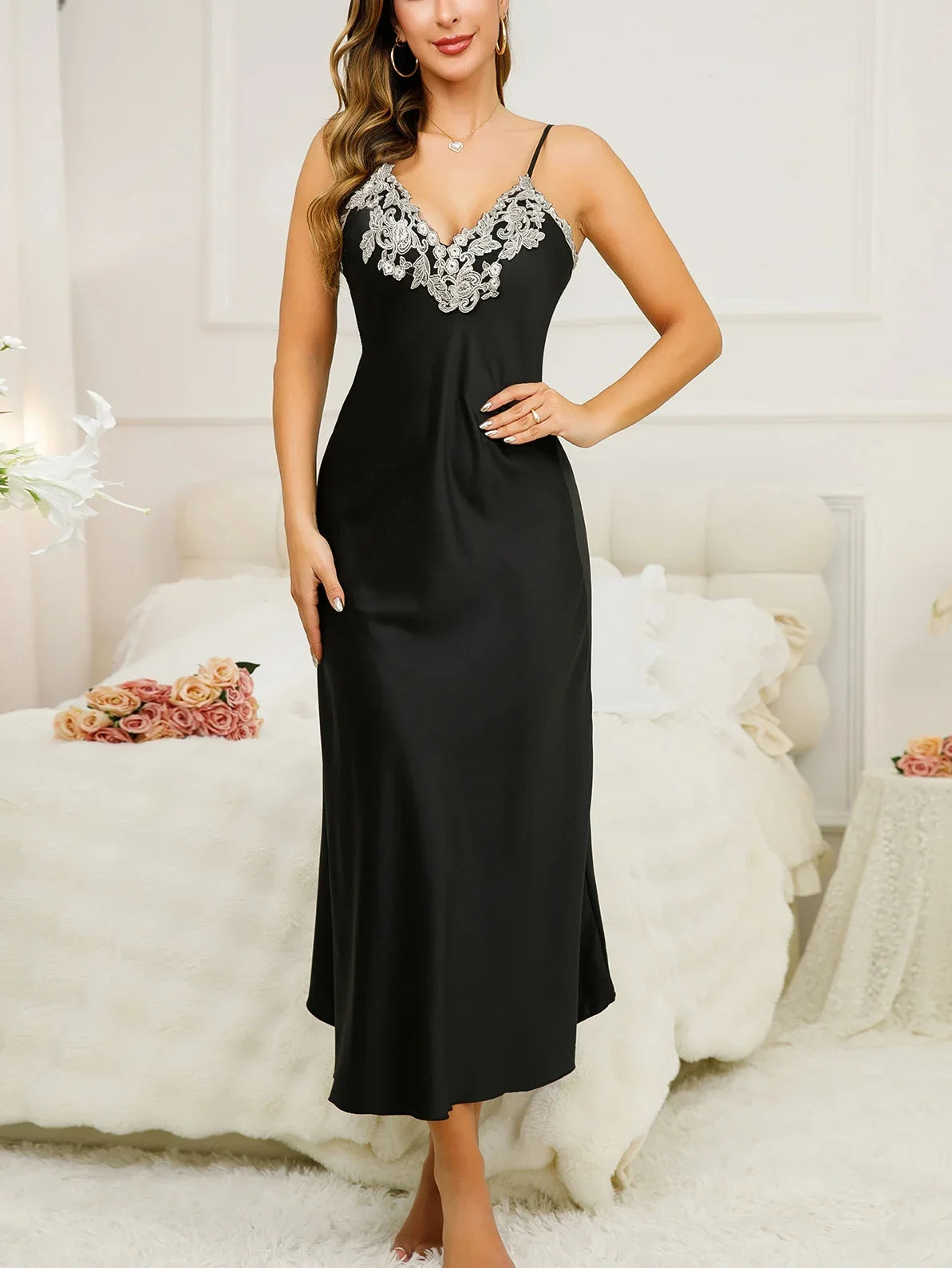 Women's Summer Dresses V Neck With Lace Trim Long Breathable Elegant Dress Women's Clothing For Home And Parties