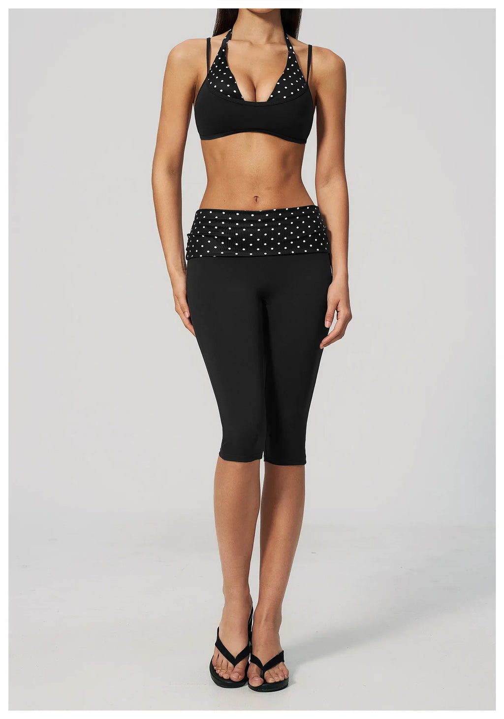 Summer Polka Dot Yoga Sets Women Hanging Neck Shockproof Sports Bra Fitness Suit Folding High Waist Mid Pants Gym Tracksuit