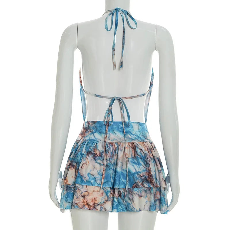 Spring and summer new women's suit fake two-piece halter top ruffled skirt two-piece suit
