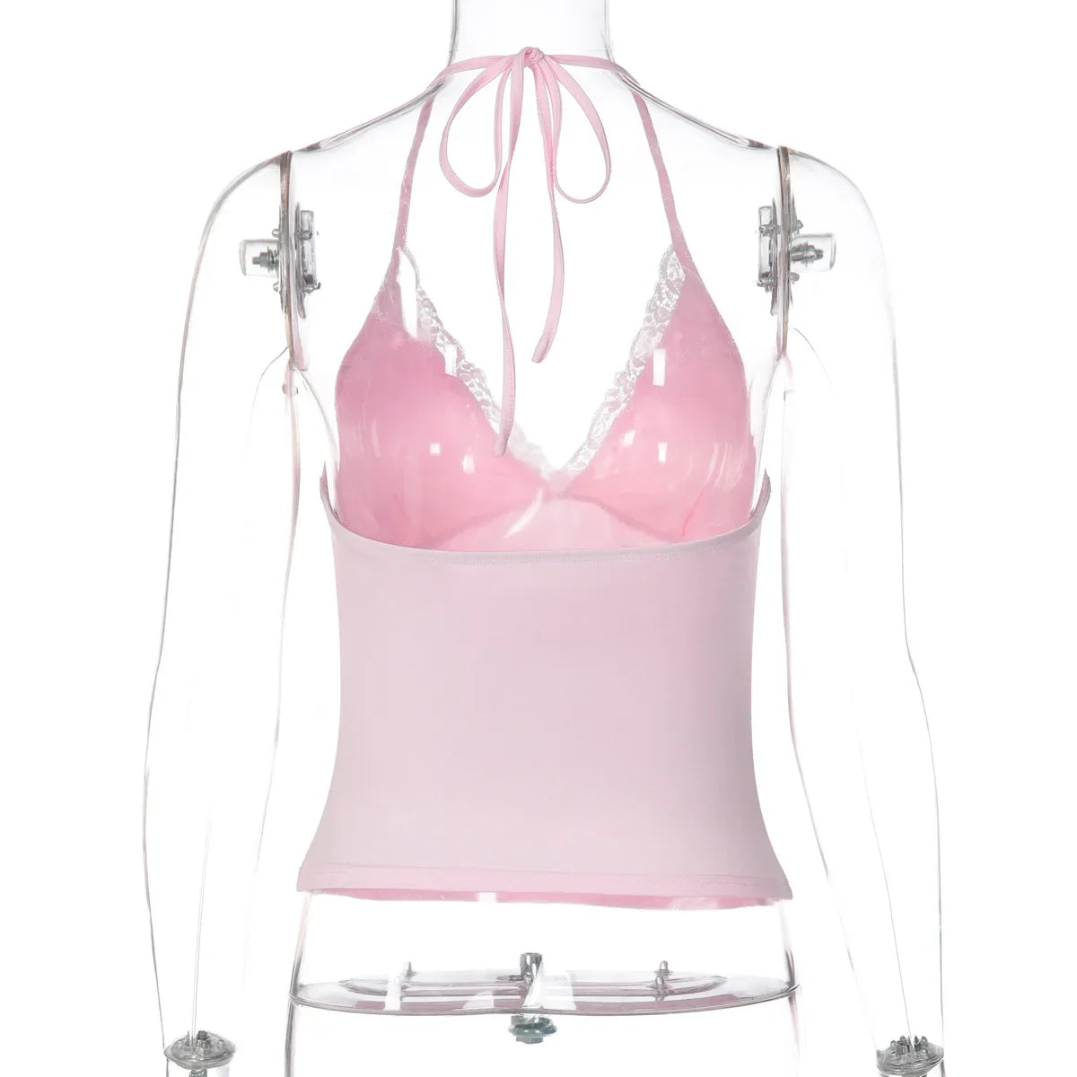 FDYOUI Casual Sexy Halter Neck Lace Patchwork Pink Camisoles Women Bandage Backless Corset T-shirt Y2K Streetwear Cropped Tops