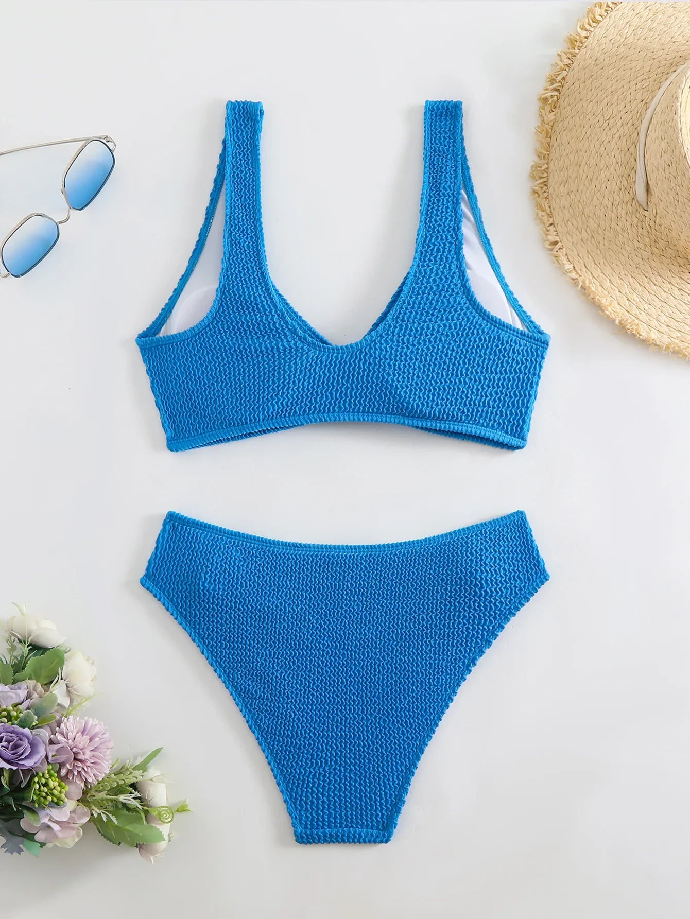 2026 Summer New Women's 2 Piece Swimsuit Solid Color High Waist Bikini Set V-neck Backless Beach Vacation Bathing Suit Swimwear