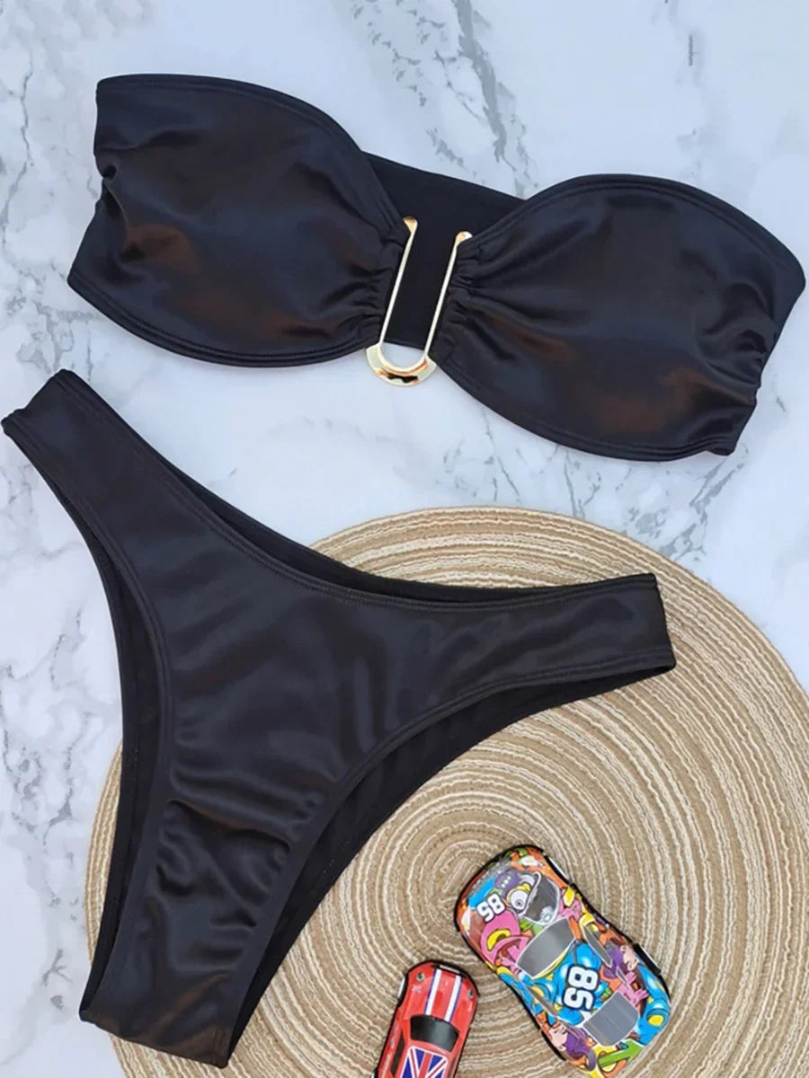 Bandeau Bikinis 2025 Strapless Satin Bikini Female Swimsuit Women Swimwear Two-pieces Bikini Set High Cut Bathing Suit Swim Lady