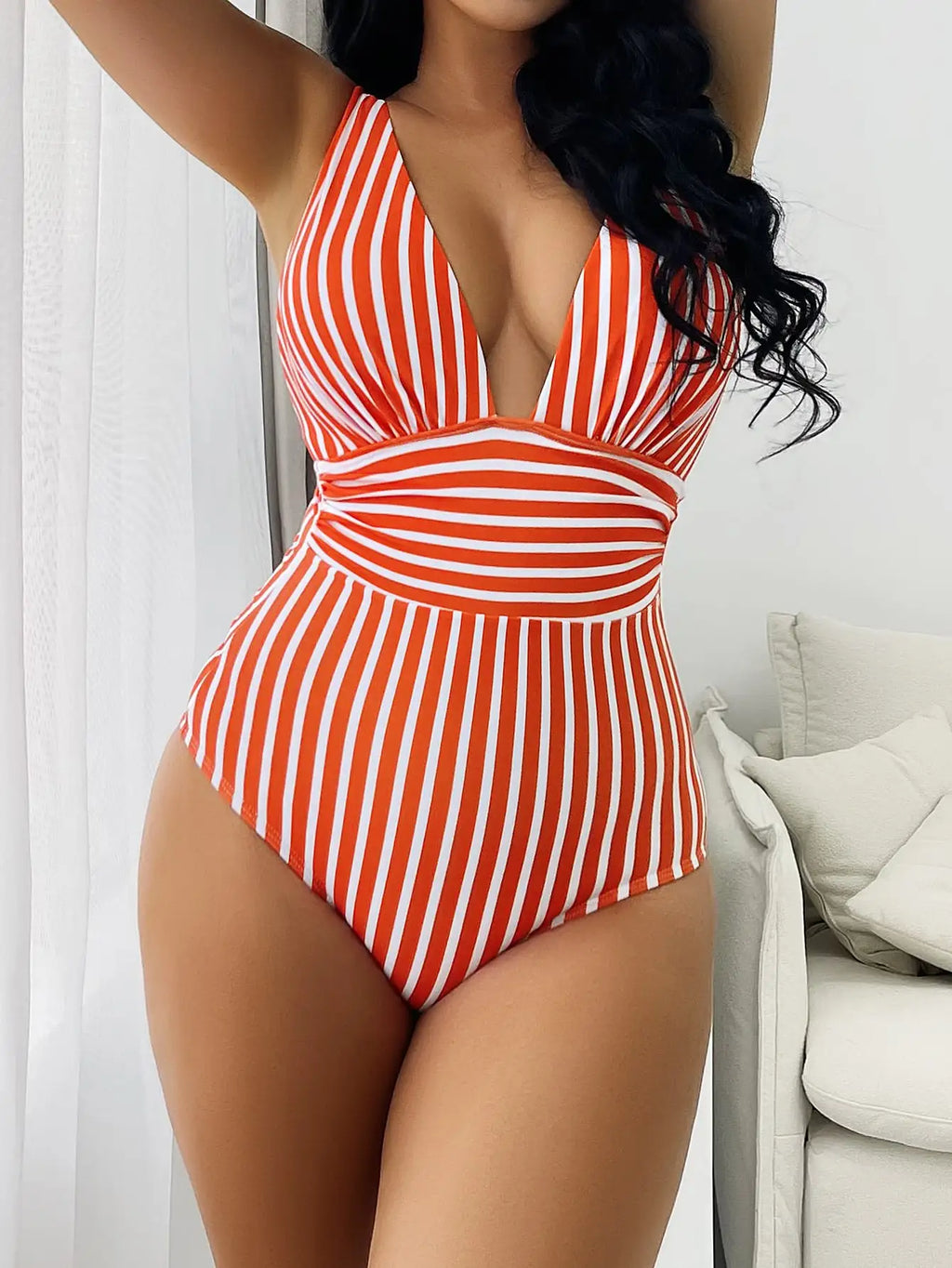 2026 Striped One Piece Swimsuit Vintage Swimwear Women V-neck Bathing Swimming Suit Female Summer Beachwear Bodysuit