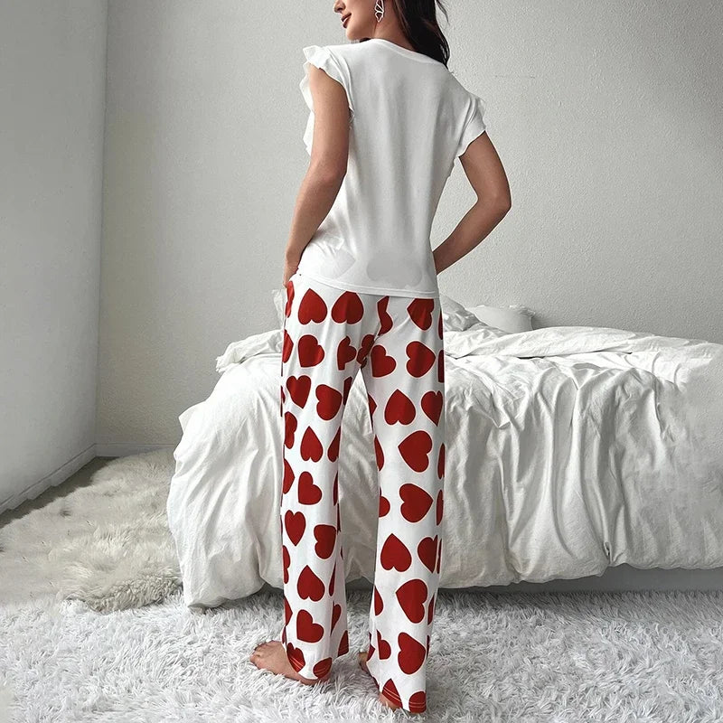 Spring Summer Heart Print Sleepwear Women Comfortable Pajamas Set Short Sleeve T-shirt with Pants Casual Homewear Loungewear