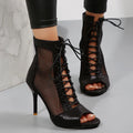 EUR Size 43 Sexy High Heels Dance Shoes Black Lace-up Thin Heeled Stiletto Ankle Boots Silver Peep Toe Summer Boots Party Shoes