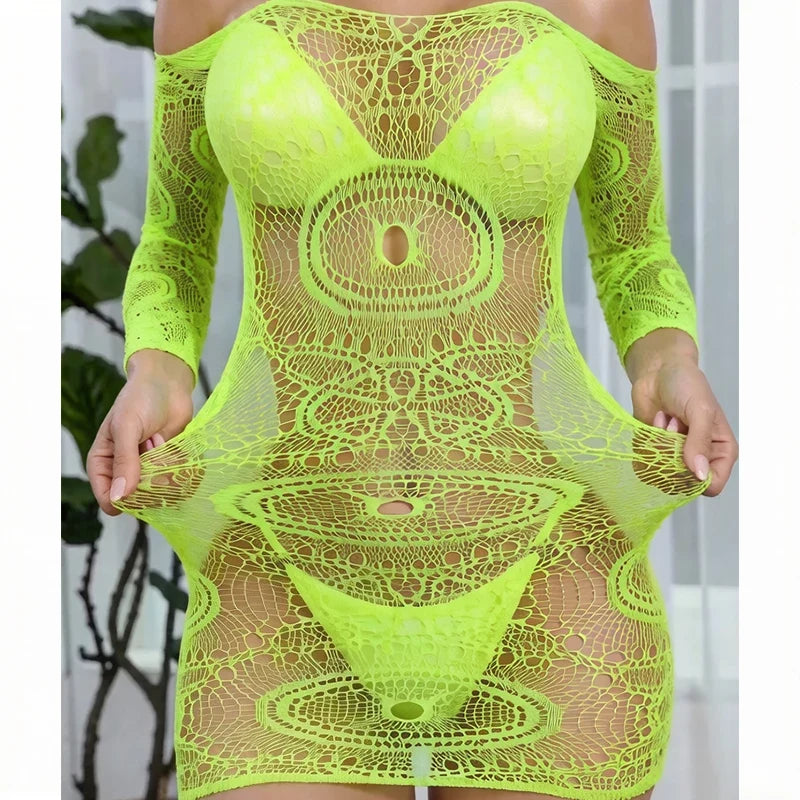 1 PC Women Sheer Mesh Long Sleeve Beach Cover Up Sexy See-Through Fishnet Bodycon Dress for Summer No Bikini Included