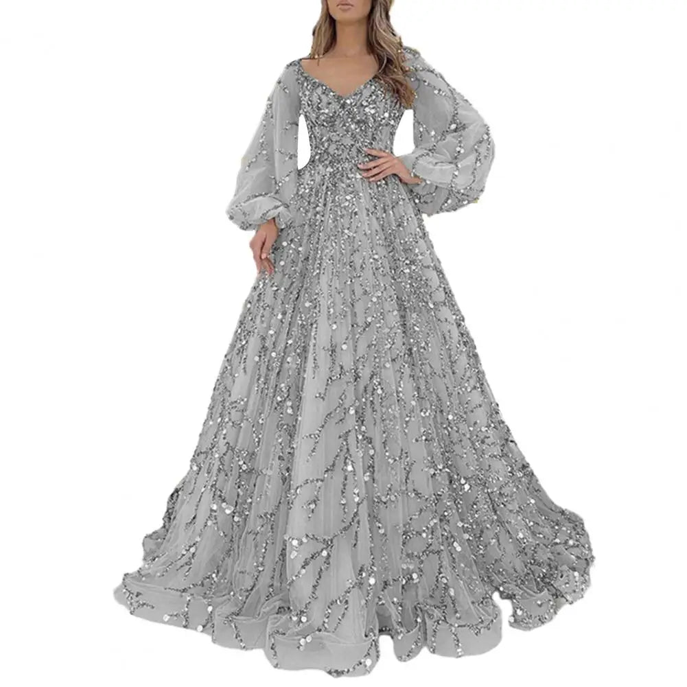 Women Evening Dress Lantern Sleeve V Neck Shiny Sequin A-line Double-layered Floor Length Mesh Cocktail Party Dress Prom Gown
