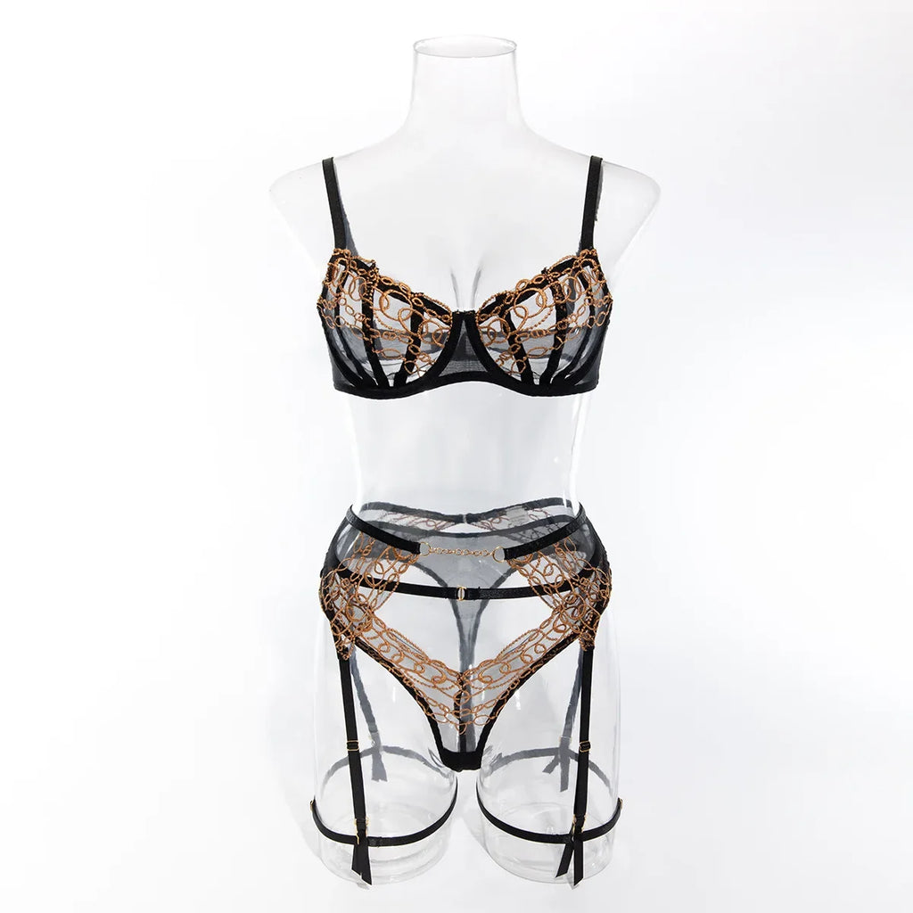 Toucheart4PCS Lace Golden Embroidery Sexy Underwear Set Slim Exposed Navel See-through Hollow Out Interesting Steelring Bralette