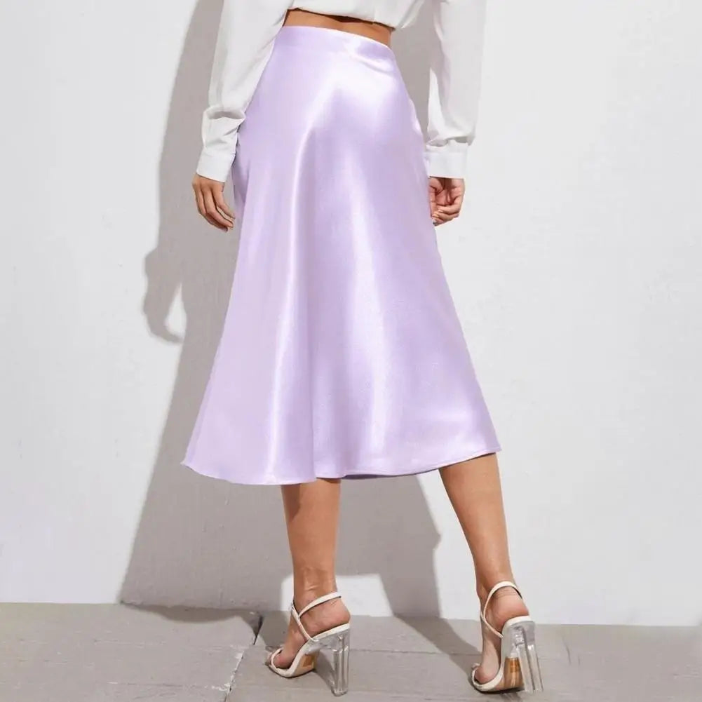 Satin-Like Shiny Skirt Women Midi Skirt High Waist Solid Color Mid-calf Length Skirt Soft Breathable Fabric Work Skirts
