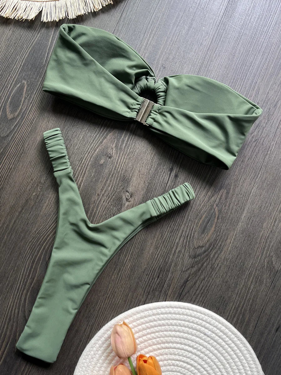 Wrinkled Bandeau High Cut Mini Thong Bikini Female Swimsuit Women Swimwear Two-pieces Bikini Set Bather Bathing Suit Swim Lady