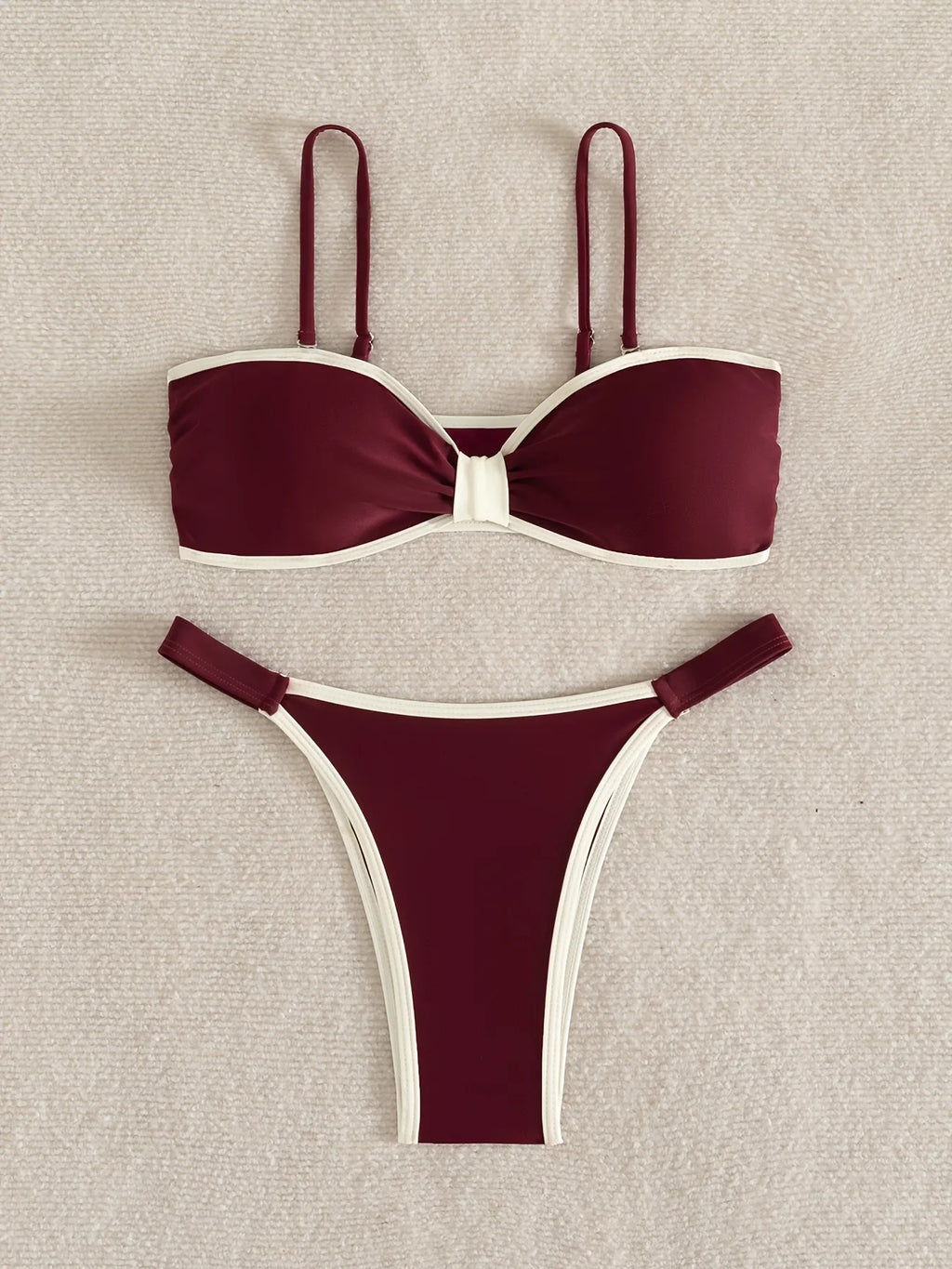 Sexy Wine Patchwork Bikini Set 2026 Women Front Tie Pleate Push Up Bra Thong Swimsuit Summer Bathing Suit Vacation Swimwear