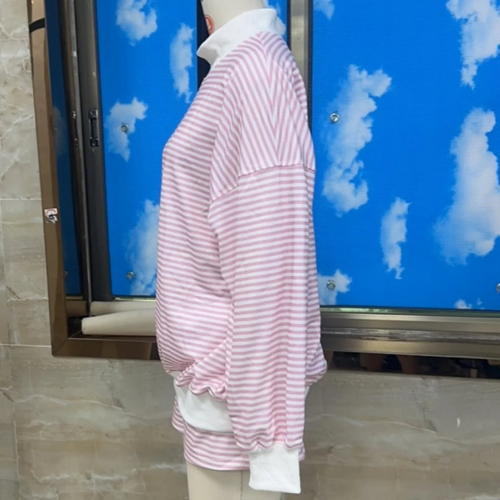Striped Print Suits for Women Casual Loose Fit Stylish Crew Neck Long Sleeve Tops and Shorts Fall 2 Pcs Set