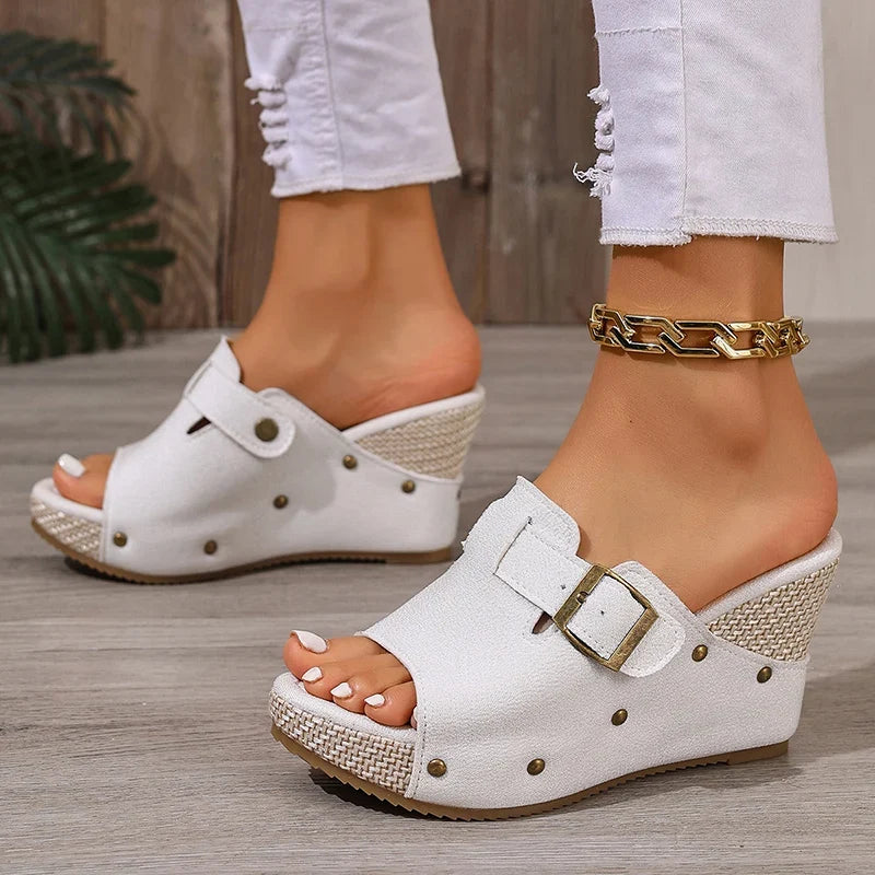 Fashion Buckle Chunky Wedges Sandals Women Rivets Decor High Heel Platform Slippers Woman Plus Size Non Slip Summer Sandles 43